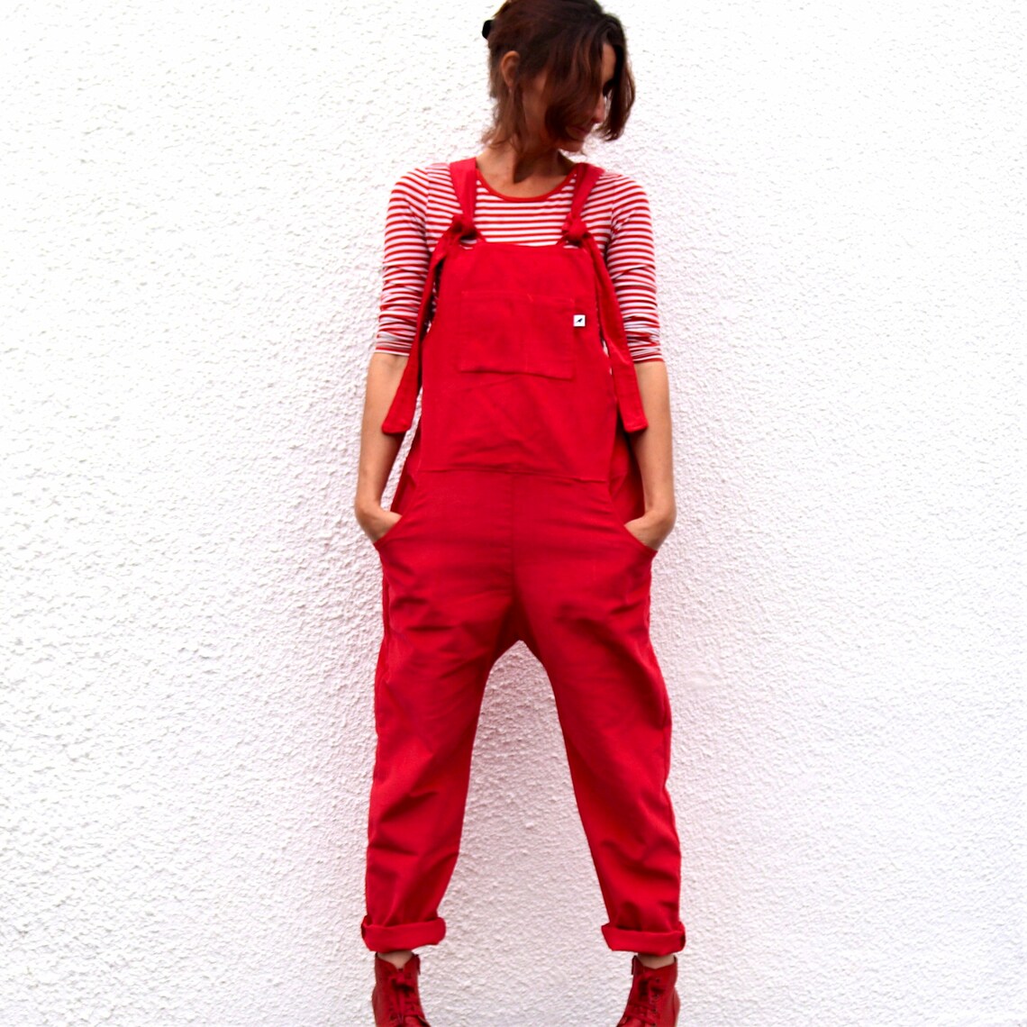 Red Overalls red dungarees Jumpsuit Romper Unisex Cotton Etsy