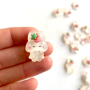 Cute Kawaii Bunny Rabbit charms Strawberry transparent resin 17mm x 22mm Flat back Miniature rabbit charms
