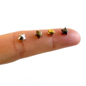 Può includere: Quattro piccoli chiodi in metallo a forma di stella in argento, oro, bronzo e nero.