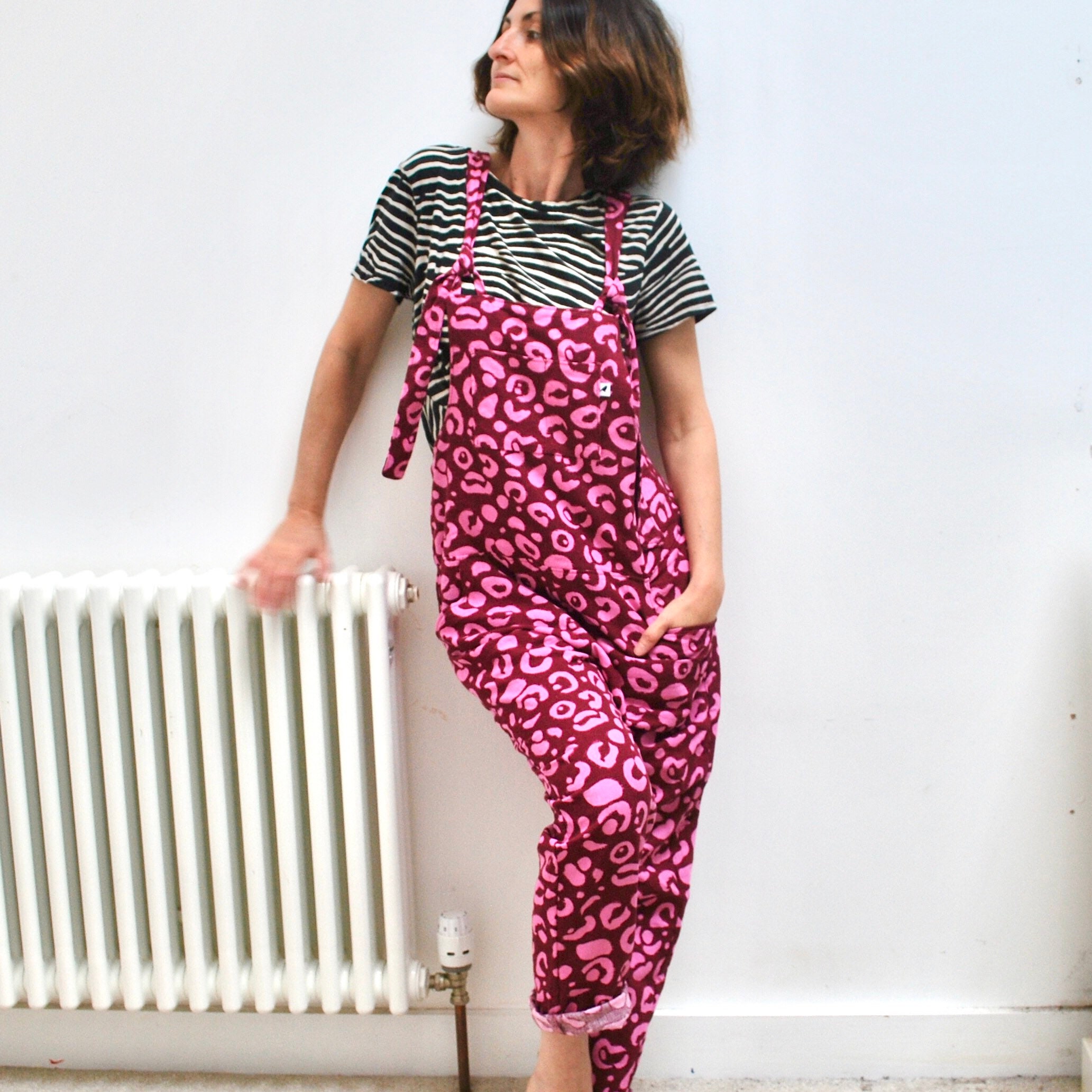 Pink Linen Overalls Leopard Print 6-8 XS SALE Ladies Dungarees