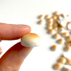 Könnte beinhalten: Nahaufnahme eines kleinen, runden, weißen und braunen, Miniatur-Brötchens. Das Brötchen wird von einem Finger gehalten und im Hintergrund befinden sich viele weitere ähnliche Brötchen.