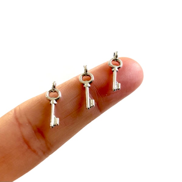 Mini key charms 5mm x 14mm Dollhouse miniatures Antique Silver Tiny key pendants