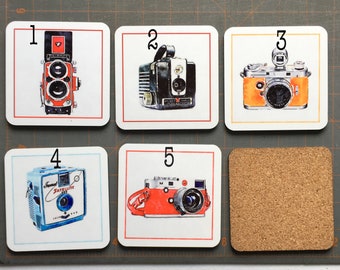 Watercolor old Camera coaster with cork back-Original artwork by Connie Kline Rolleiflex, Minox, Leica, Imperial Satellite & Kodak Brownie