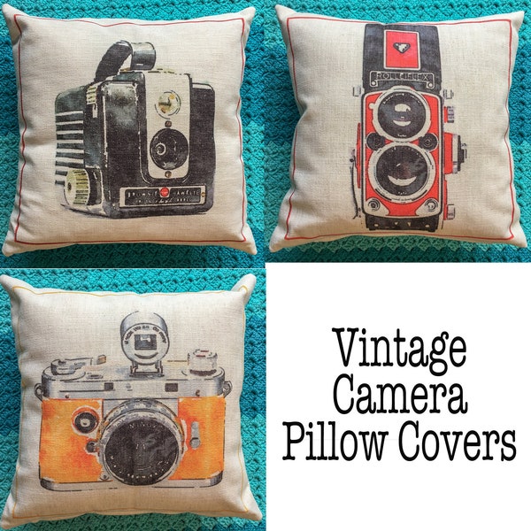 VINTAGE CAMERA pillow covers pick from Kodak Brownie, Rolleiflex, Minox-Linen fabric with zipper 16x16 size