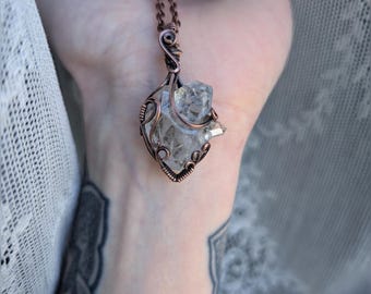 Natural Herkimer Diamond Cluster Pendant | Wire-Wrapped Raw Quartz Necklace.