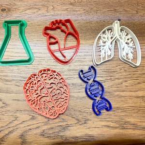 May include: Set of five cookie cutters in various shapes, including a heart, lungs, brain, DNA strand, and a beaker. The cutters are made of plastic and are red, white, blue, and green.