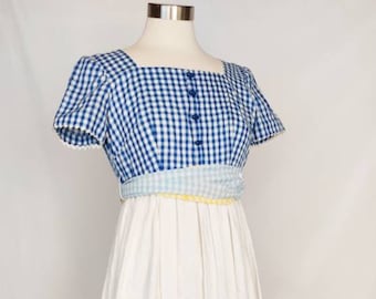 Vintage 70s Gingham Blue, Yellow, and White Maxi Dress // Ruffled A Line with Belt