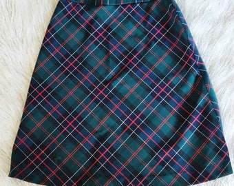 70s Tartan Wool Skirt Vintage Plaid Pleated Kilt Checkered Retro Check Mid Length Wrap Buckles High Waist Vtg 1970s Size M