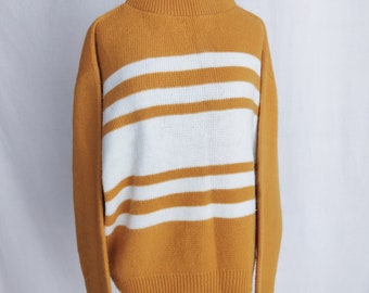 Vintage Mustard Yellow Wool Blend Sweater // Pullover Striped Mock Neck Layered