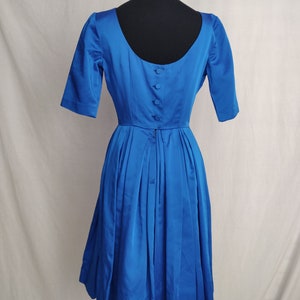 Vintage 50s 60s Royal Blue Satin A-Line Dress // Short Sleeve Button Back Pleated Skirt image 8