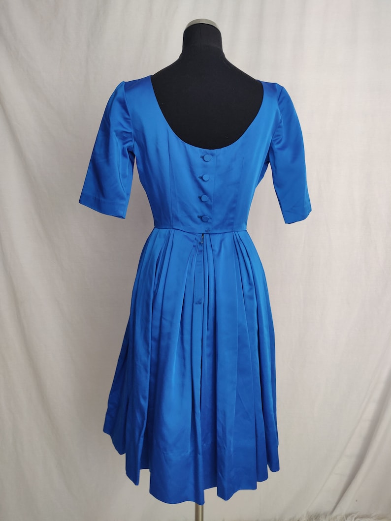 Vintage 50s 60s Royal Blue Satin A-Line Dress // Short Sleeve Button Back Pleated Skirt image 8