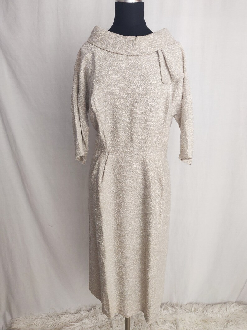 Vintage 60s Secretary Wiggle Dress // Beige Batwing Sleeve image 1