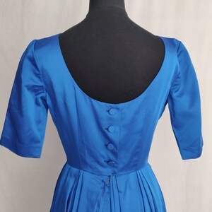 Vintage 50s 60s Royal Blue Satin A-Line Dress // Short Sleeve Button Back Pleated Skirt image 2