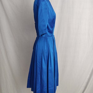 Vintage 50s 60s Royal Blue Satin A-Line Dress // Short Sleeve Button Back Pleated Skirt image 7