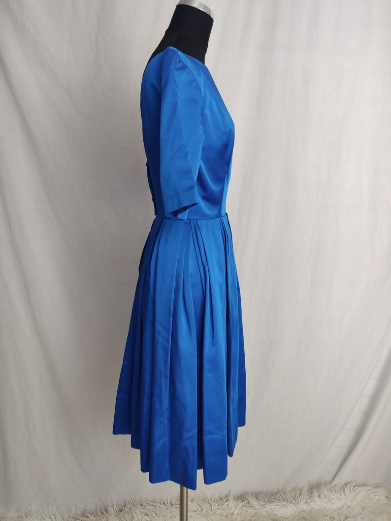 Vintage 50s 60s Royal Blue Satin A-Line Dress // Short Sleeve Button Back Pleated Skirt image 7