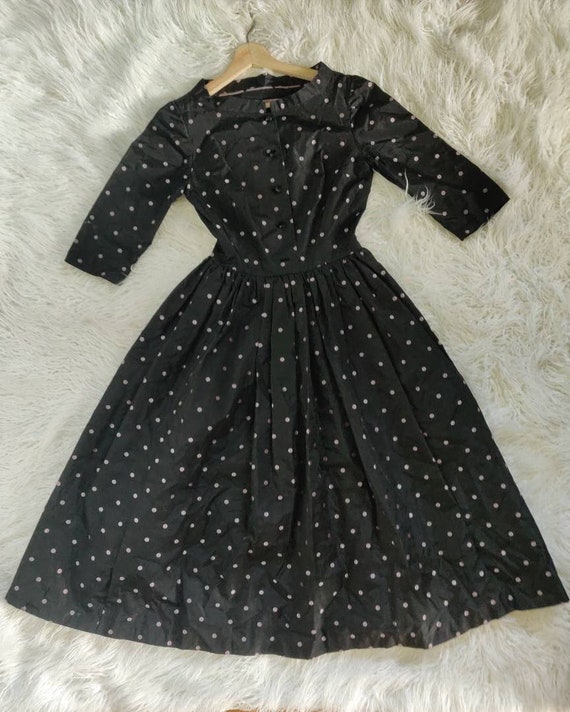Vintage Midcentury 50s 60s Black Dress // Polka Do