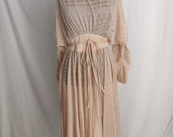Vintage Sheer Striped // Off Shoulder Tie Belt Beige Dress
