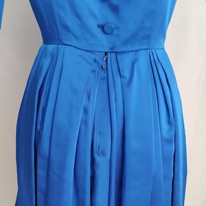 Vintage 50s 60s Royal Blue Satin A-Line Dress // Short Sleeve Button Back Pleated Skirt image 3