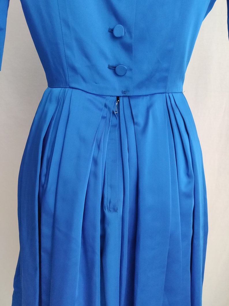 Vintage 50s 60s Royal Blue Satin A-Line Dress // Short Sleeve Button Back Pleated Skirt image 3