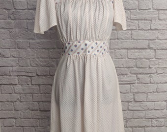 Vintage 70s 80s White Polka Dot Dress // Waist Tie Peasant Folk Dress