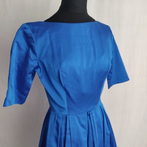 Vintage 50s 60s Royal Blue Satin A-Line Dress // Short Sleeve Button Back Pleated Skirt image 10