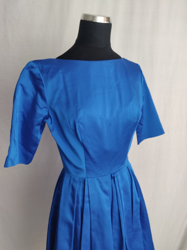 Vintage 50s 60s Royal Blue Satin A-Line Dress // Short Sleeve Button Back Pleated Skirt image 10