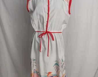 Vintage 70s 80s Tropical White Summer Dress // Floral Red Pink Sleeveless Button-Up