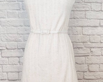 Vintage Linen Blend White 60s 70s Dress with Belt // Striped Bleeker Street Pencil Dress