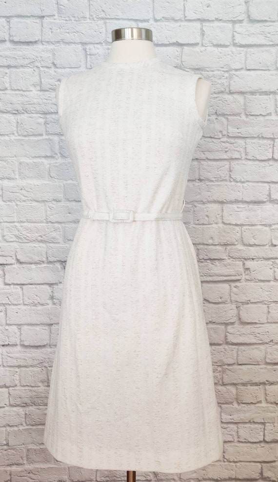Vintage Linen Blend White 60s 70s Dress with Belt 