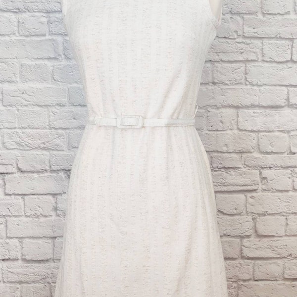 Vintage Linen Blend White 60s 70s Dress with Belt // Striped Bleeker Street Pencil Dress