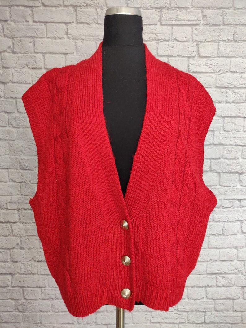 Vintage Red 80s Sweater Vest with Metallic Buttons image 1