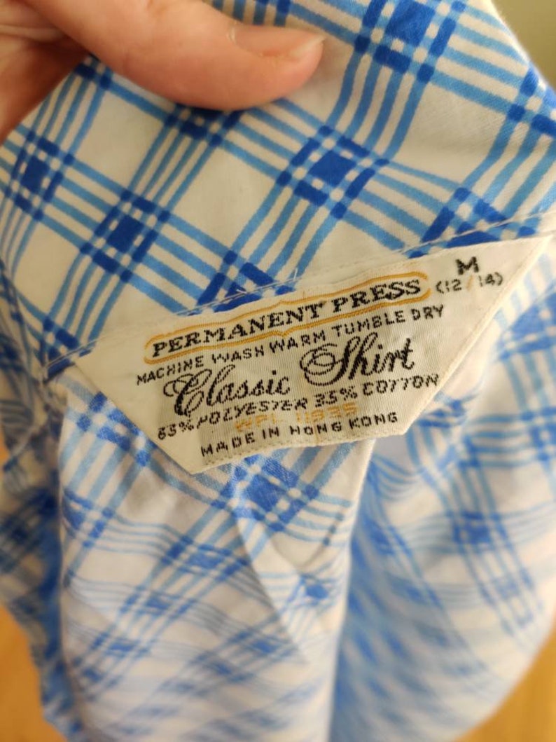 Vintage 70s Permanent Press Classic Shirt // Blue Plaid Sleeveless Button-Up image 5