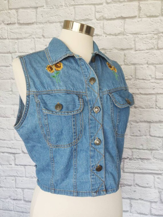 Vintage Denim Embroidered Vest // Sunflower Accents S… - Gem