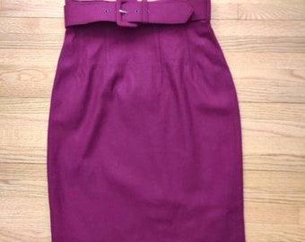 Vintage 80s/90s Purple Wool Skirt with Belt // Pencil Skirt
