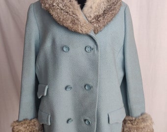 Vintage Baby Blue Wool Coat with Fur Collar // Double Breasted