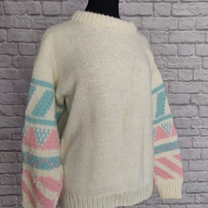 Vintage 80s White Blue and Pink Soft Sweater // Geometric Chunky Knit image 1