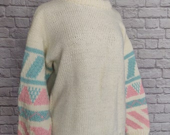 Vintage 80s White Blue and Pink Soft Sweater // Geometric Chunky Knit