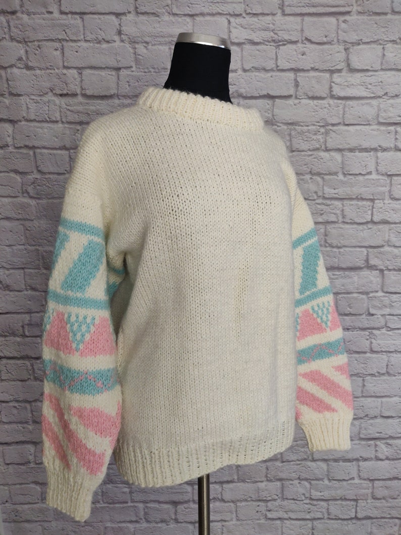 Vintage 80s White Blue and Pink Soft Sweater // Geometric Chunky Knit image 1