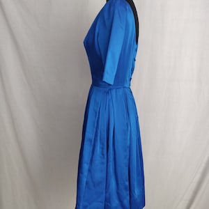 Vintage 50s 60s Royal Blue Satin A-Line Dress // Short Sleeve Button Back Pleated Skirt image 5