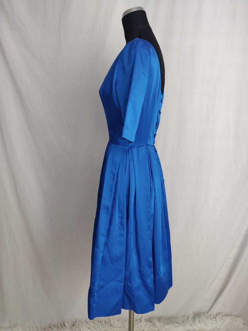 Vintage 50s 60s Royal Blue Satin A-Line Dress // Short Sleeve Button Back Pleated Skirt image 5