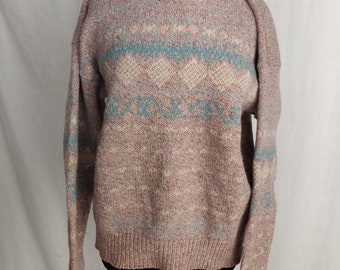 Vintage 90s Eddie Bauer Pink, White, Blue Sweater // Knit Wool Blend