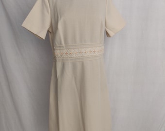 Vintage 60s 70s Toni Todd Mod Beige Dress with Embroidery Accents