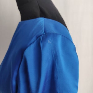 Vintage 50s 60s Royal Blue Satin A-Line Dress // Short Sleeve Button Back Pleated Skirt image 9