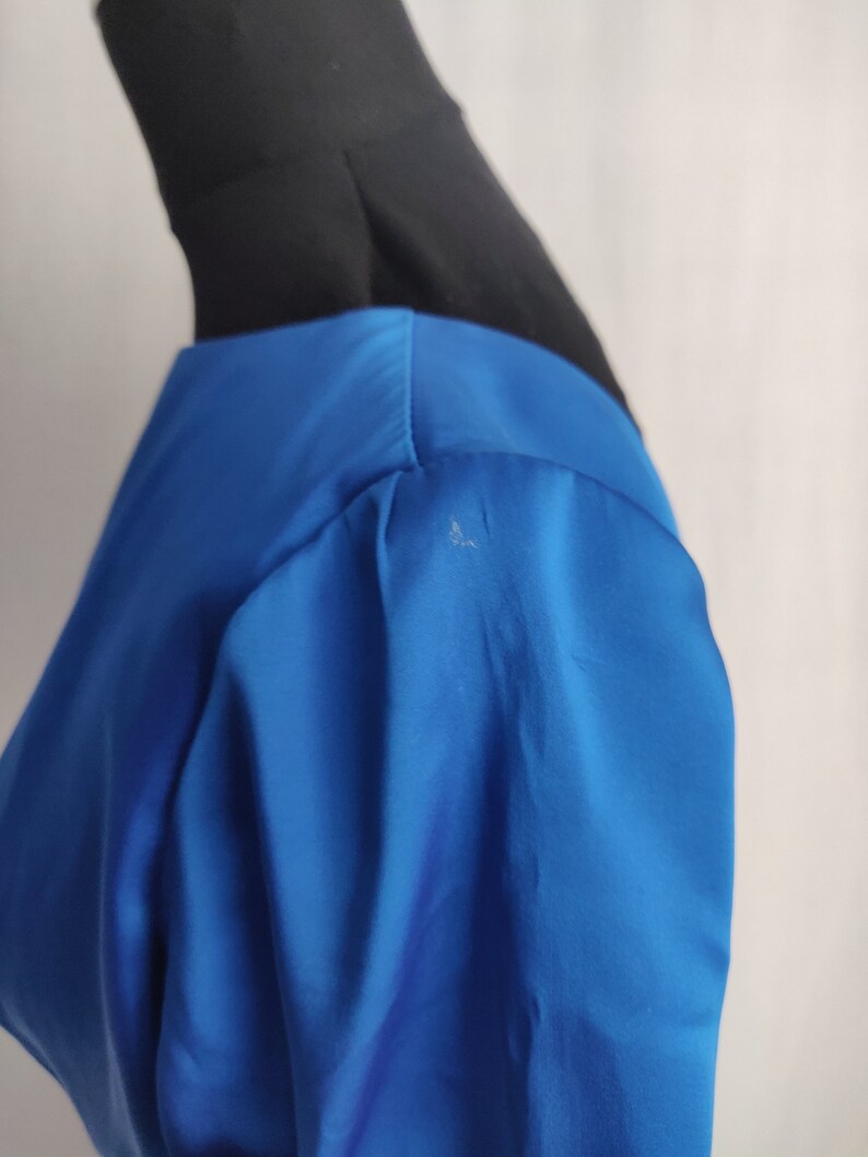 Vintage 50s 60s Royal Blue Satin A-Line Dress // Short Sleeve Button Back Pleated Skirt image 9