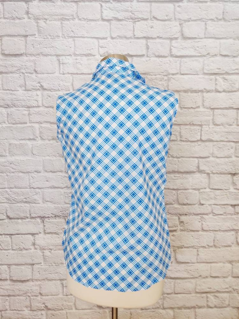 Vintage 70s Permanent Press Classic Shirt // Blue Plaid Sleeveless Button-Up image 3