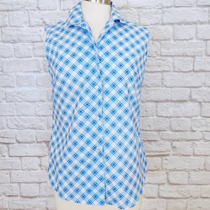 Vintage 70s Permanent Press Classic Shirt // Blue Plaid Sleeveless Button-Up image 1