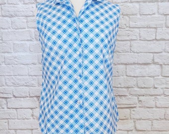 Vintage 70s Permanent Press Classic Shirt // Blue Plaid Sleeveless Button-Up