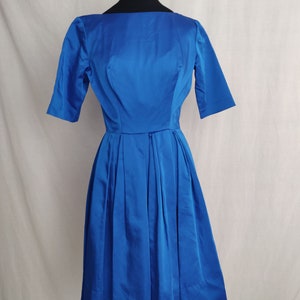 Vintage 50s 60s Royal Blue Satin A-Line Dress // Short Sleeve Button Back Pleated Skirt image 1