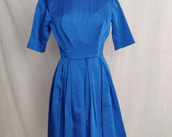 Vintage 50s 60s Royal Blue Satin A-Line Dress // Short Sleeve Button Back Pleated Skirt