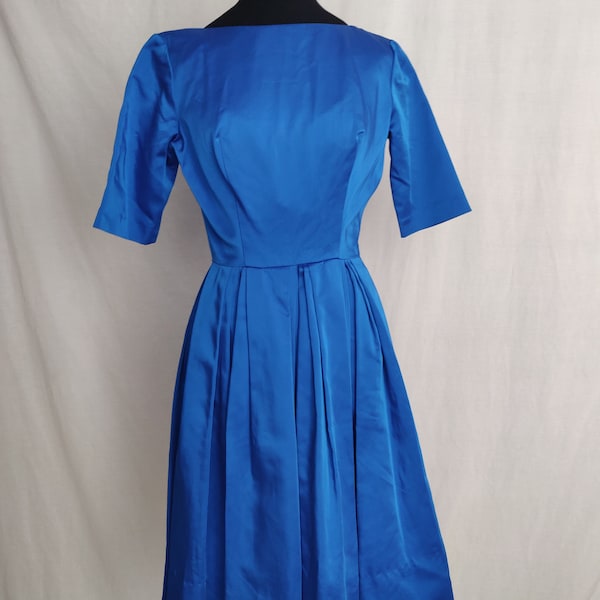 Vintage 50s 60s Royal Blue Satin A-Line Dress // Short Sleeve Button Back Pleated Skirt